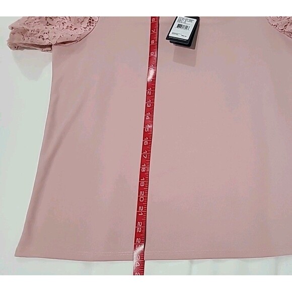 NWT $69 Adrianna Papell Blush Pink Square Neck Slinky Puff Lace Short Sleeve Top - Picture 7 of 9